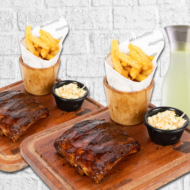 2 costillas JR + 2 papas fritas + 2 ensaladas de col + jarra de limonada a S/79.90