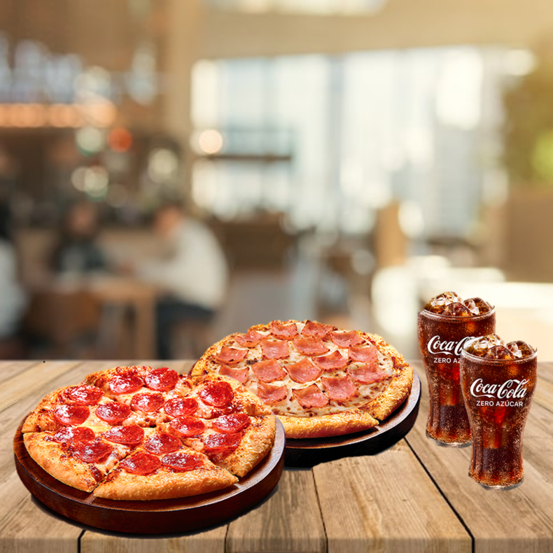 2 Pizzas medianas (americana o pepperoni) + 2 Gaseosas regulares a S/25.90