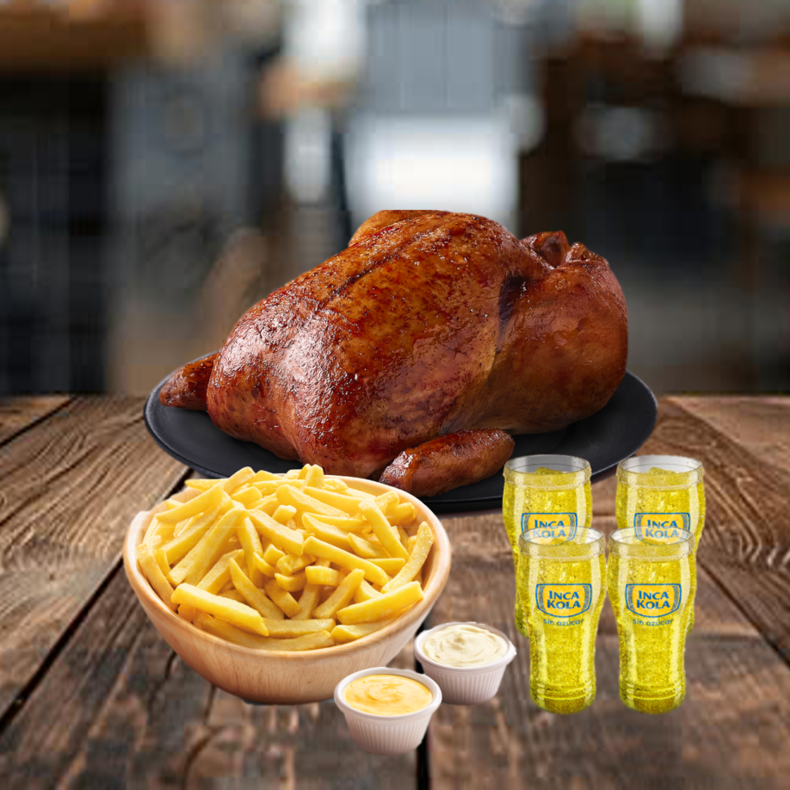 1 pollo + papas fritas familiar + 4 vasos de gaseosa + salsas a S/59.90
