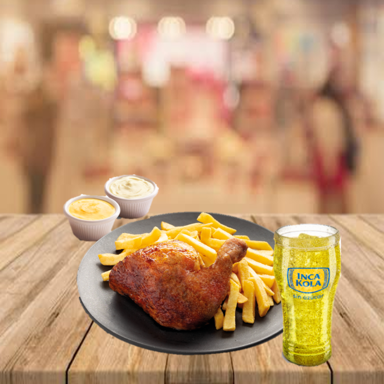 1/4 de pollo + papas fritas + vaso de gaseosa + salsas S/15.90