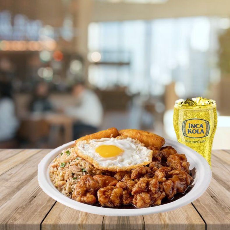 01 Combinado de Arroz Chaufa y Chijaukay (con huevo y plátano frito) + 01 gaseosa 12 oz a S/13.90