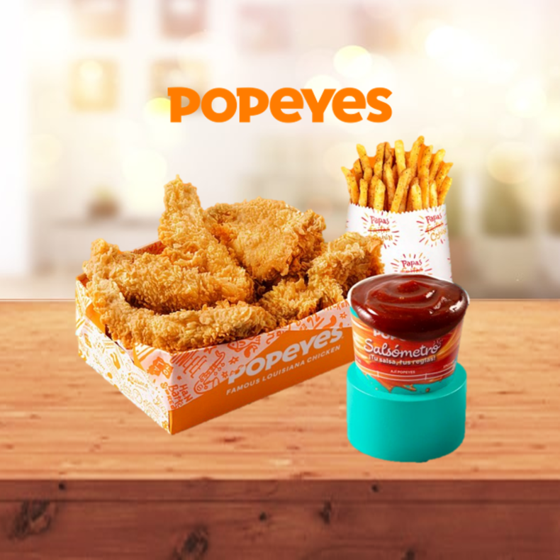 6 tenders + 1 papa regular + 1 salsa 3 onzas a S/19.90 (POPEYES)