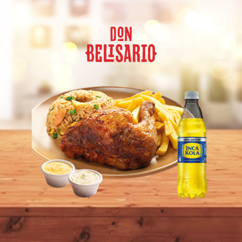 1/4 de pollo + papas fritas menú + Chaufa Menú + Gaseosa 500ml + salsas a S/19.90 (DON BELISARIO)
